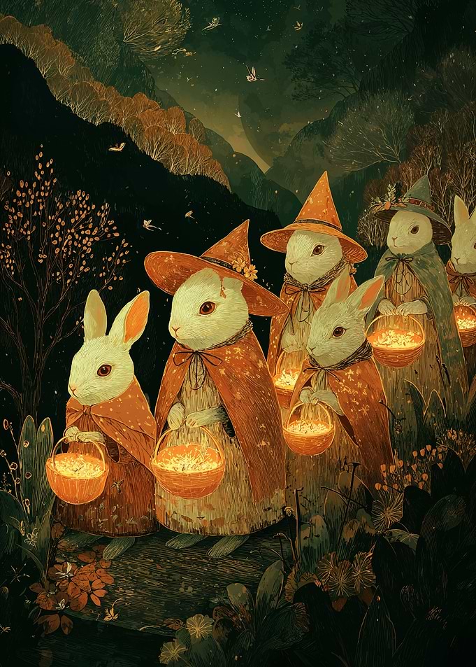 Whimsical Rabbit Witches in Forest