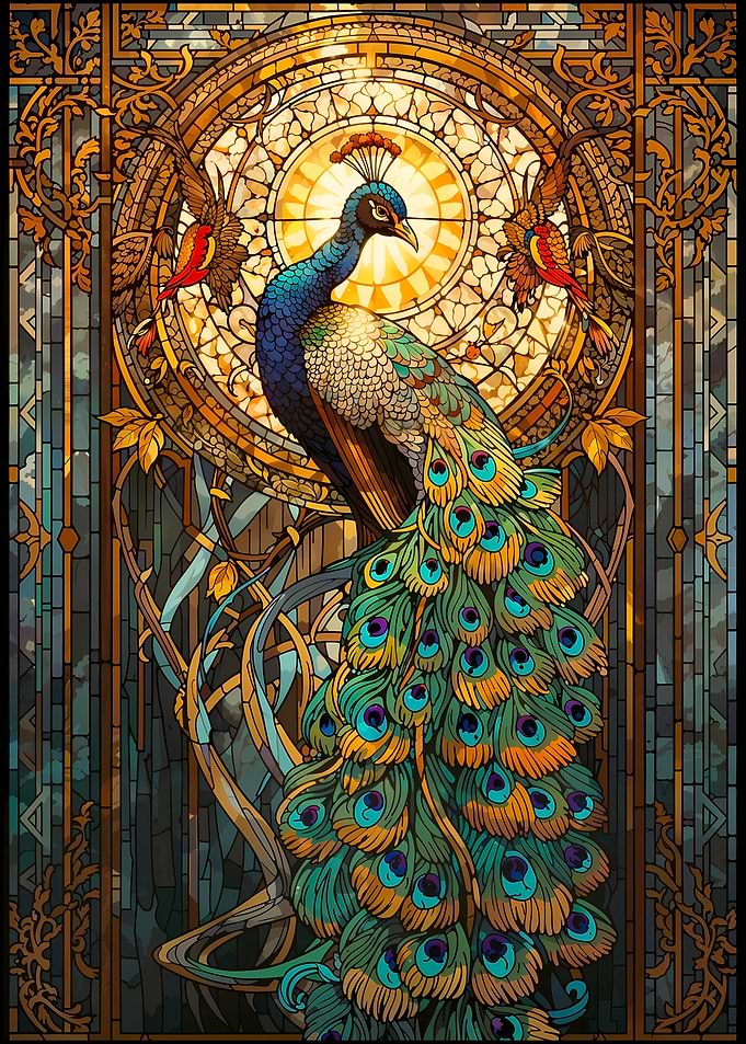 Peacock Stained Glass Art Nouveau
