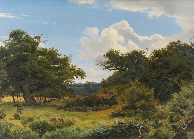 Landscape Painting with Deer and Stork