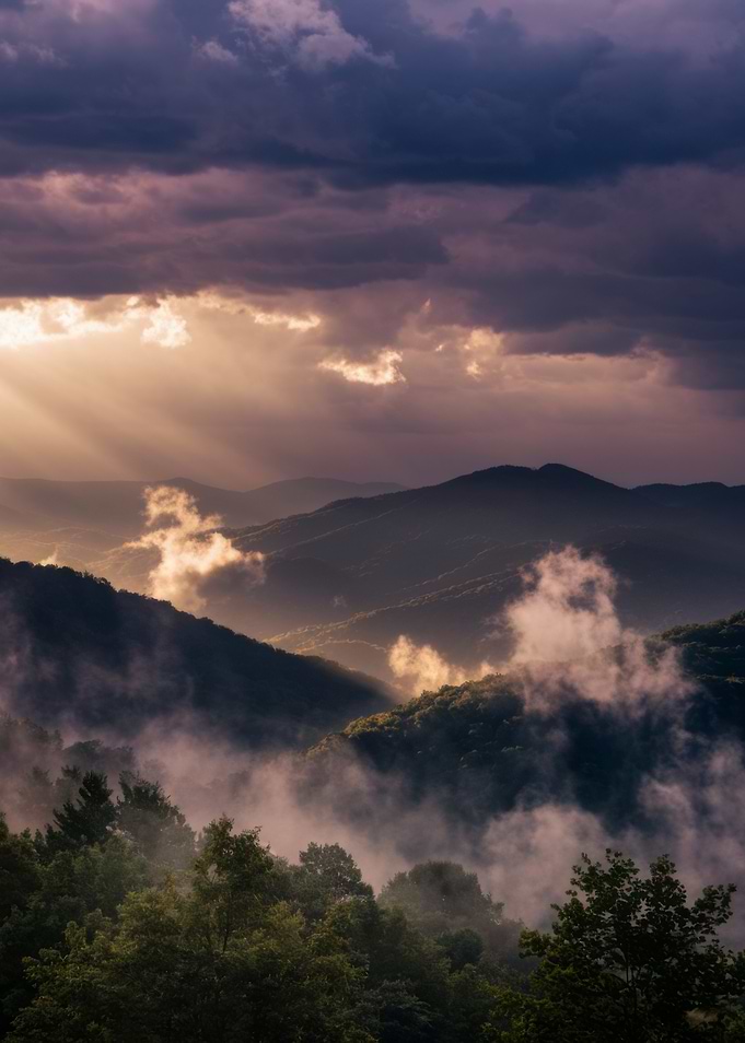 Mountain Landscape with Fog and Sunlight