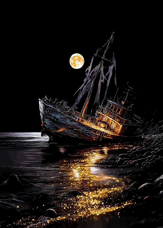 Shipwreck at Night with Moon