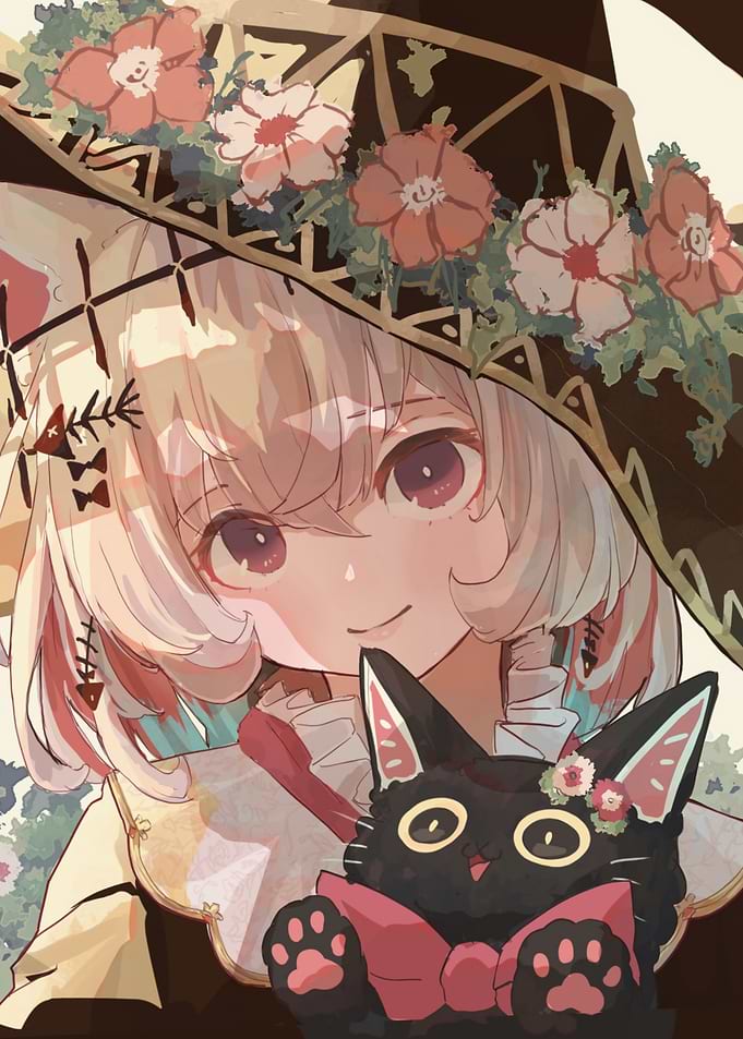 Anime Girl with Cat and Flowers