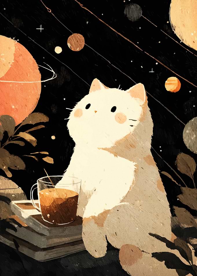 Cat with Coffee in Space