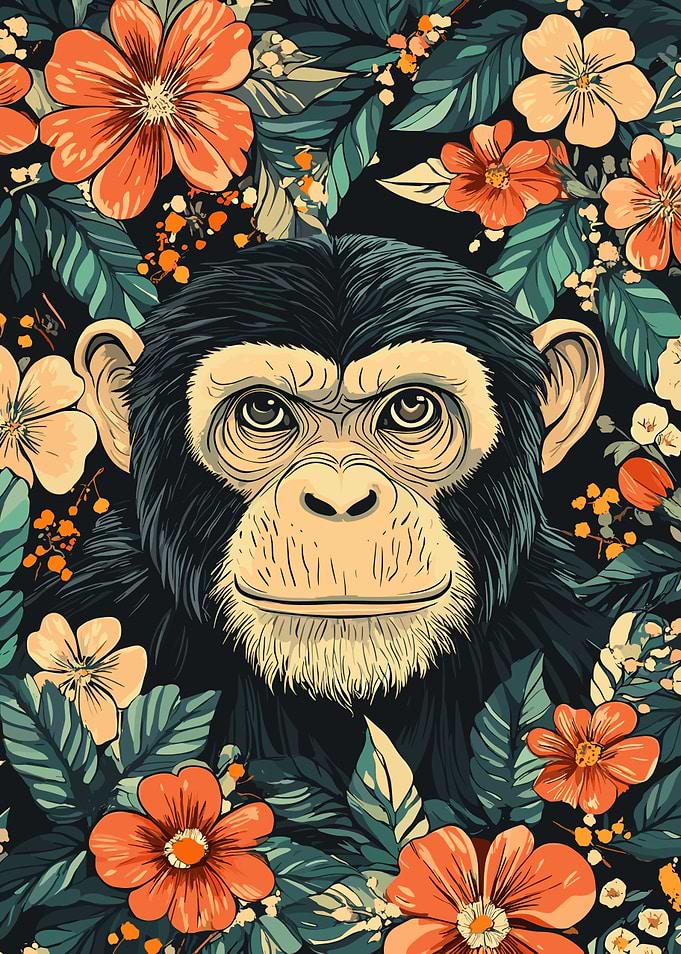 Chimpanzee Portrait with Floral Background