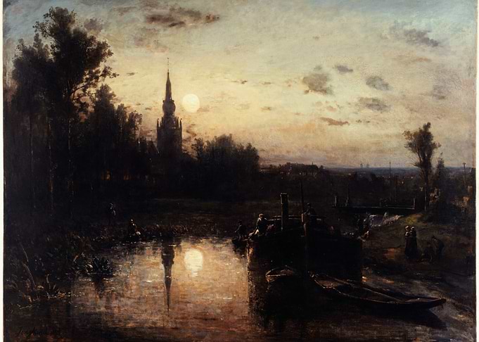 River Landscape with Church at Sunset