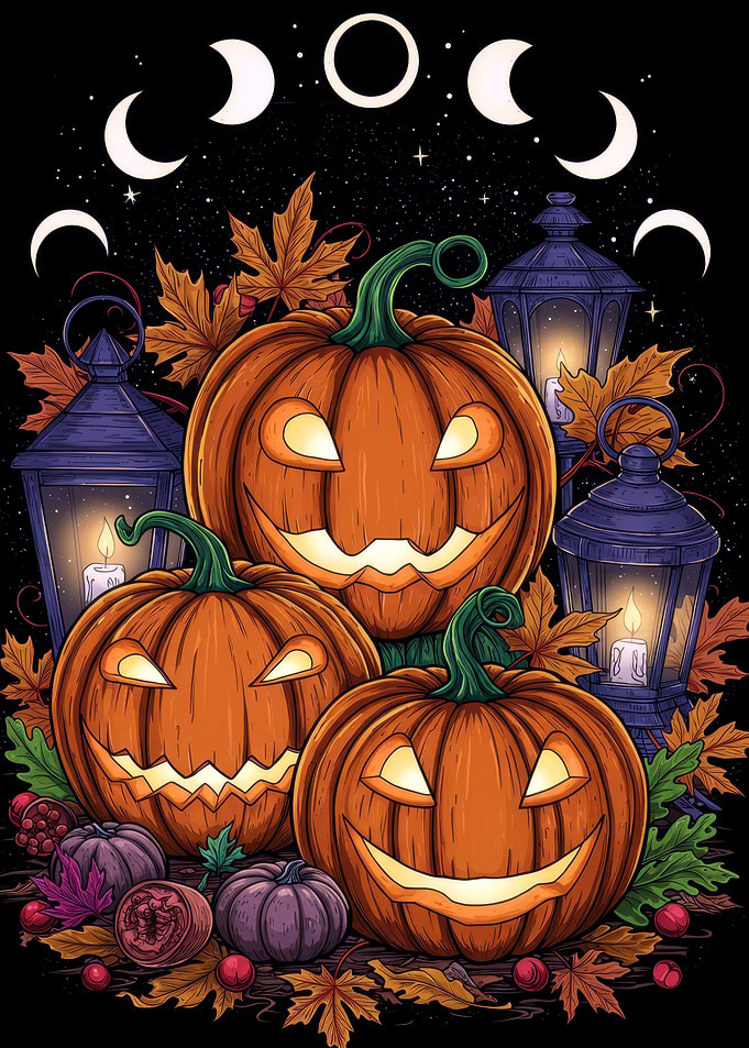 Halloween Pumpkins and Lanterns with Moon Phases