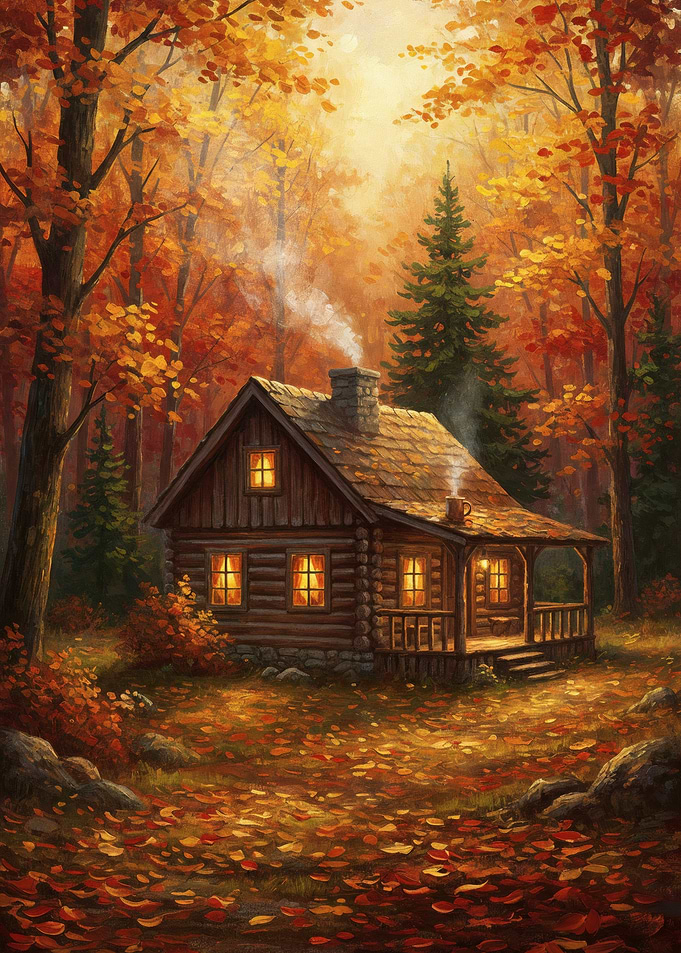 Autumn Cabin in the Woods Painting