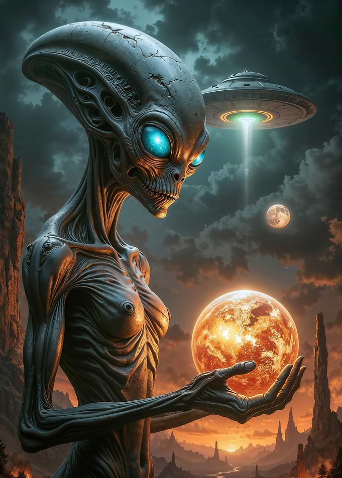Alien Holding Planet with UFO