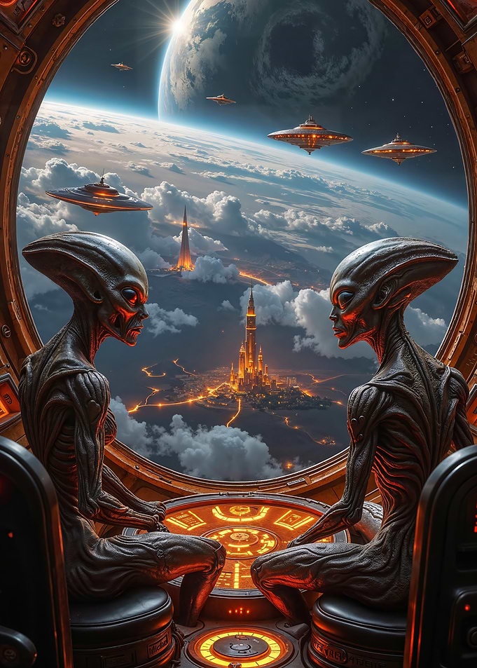 Aliens Observing Earth from Spaceship Window