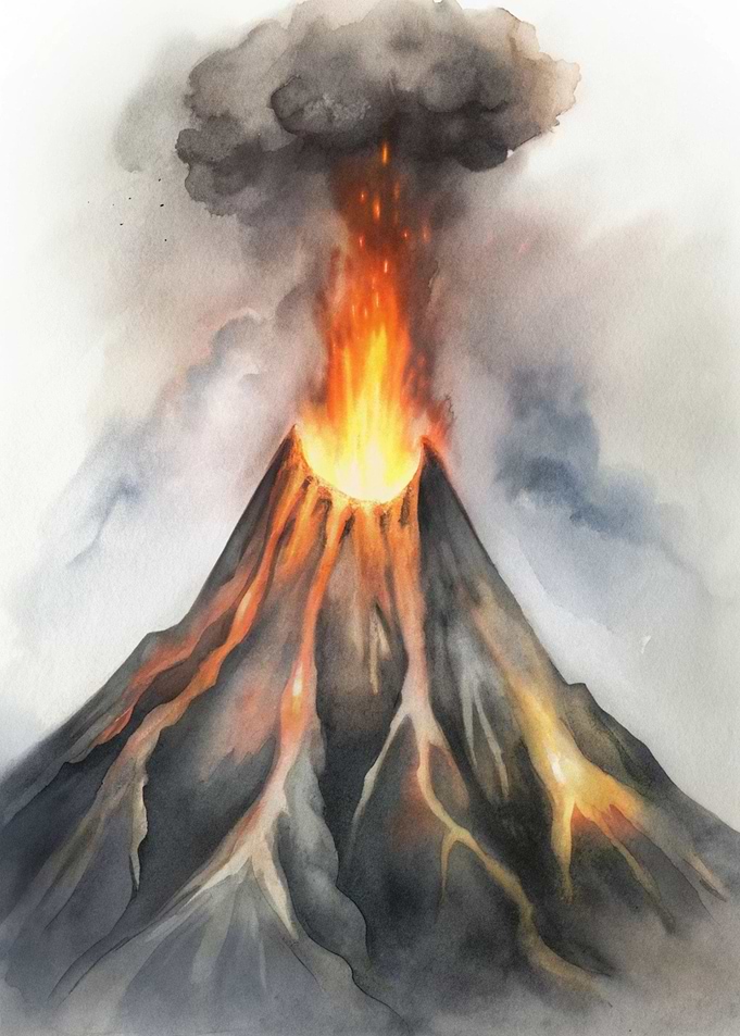 Watercolor Volcano Eruption