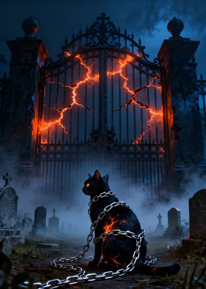 Mystical Black Cat in Cemetery