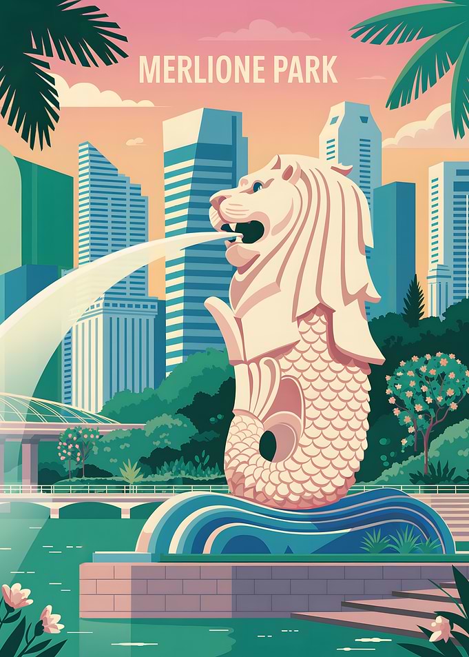 Merlione Park Singapore Illustration