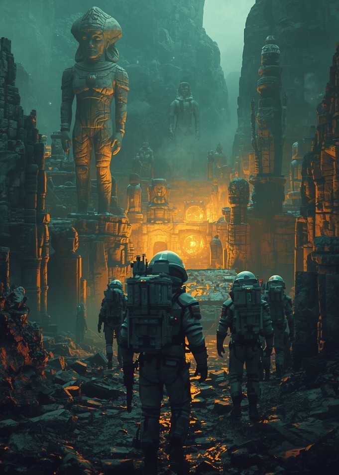 Astronauts exploring ancient alien ruins