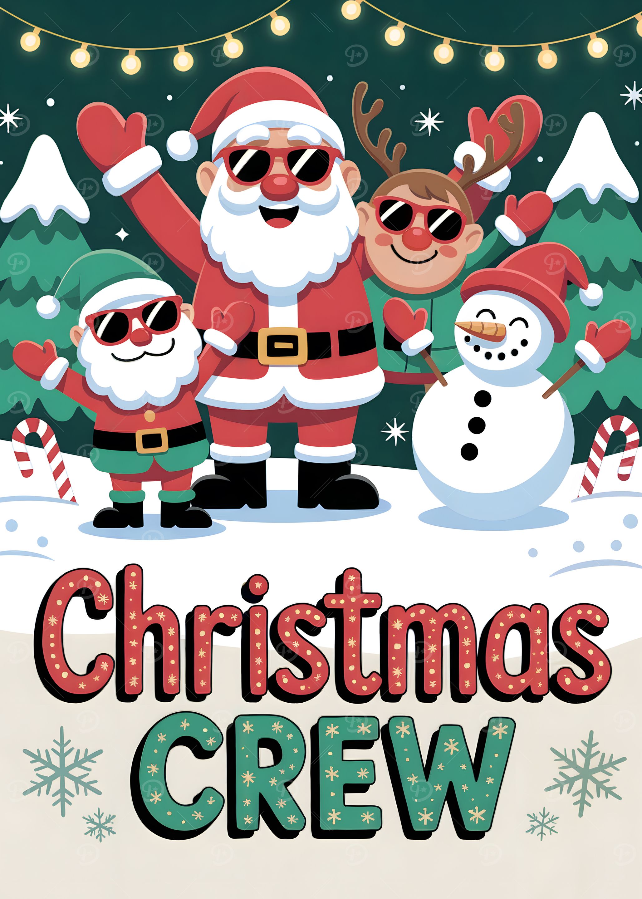 Christmas Crew Cartoon with Santa and Friends