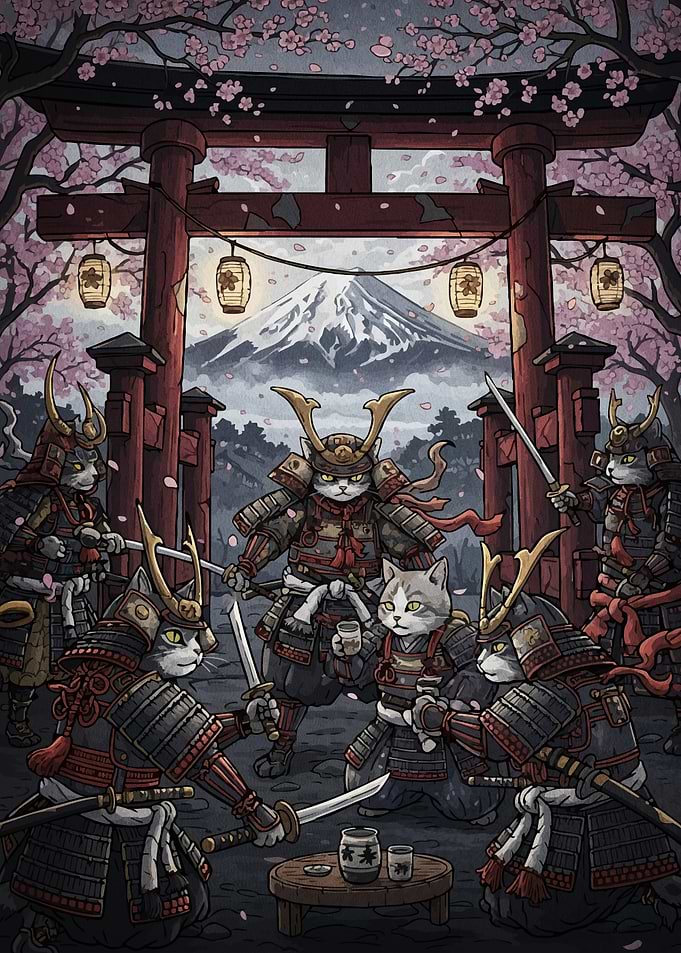 Samurai Cats Cherry Blossoms