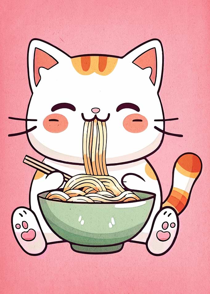 Cute Cat Eating Ramen Illustration