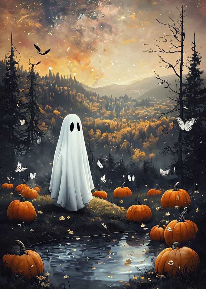 Halloween Ghost in Autumn Landscape