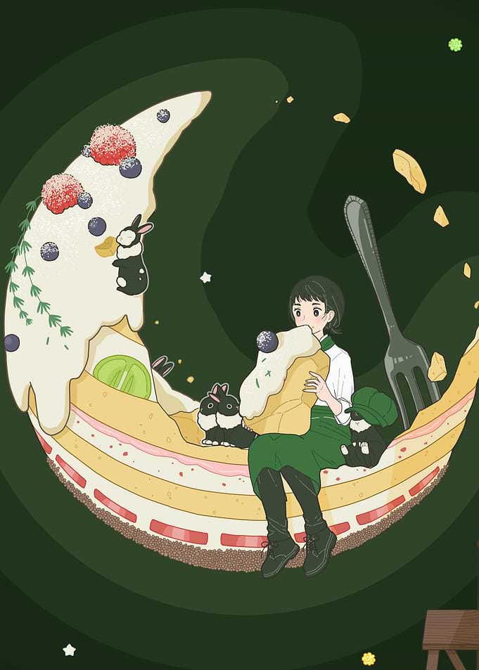 Girl on Cake Moon with Bunnies