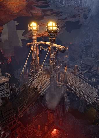 Fantasy Wooden Bridge in Dark Cave