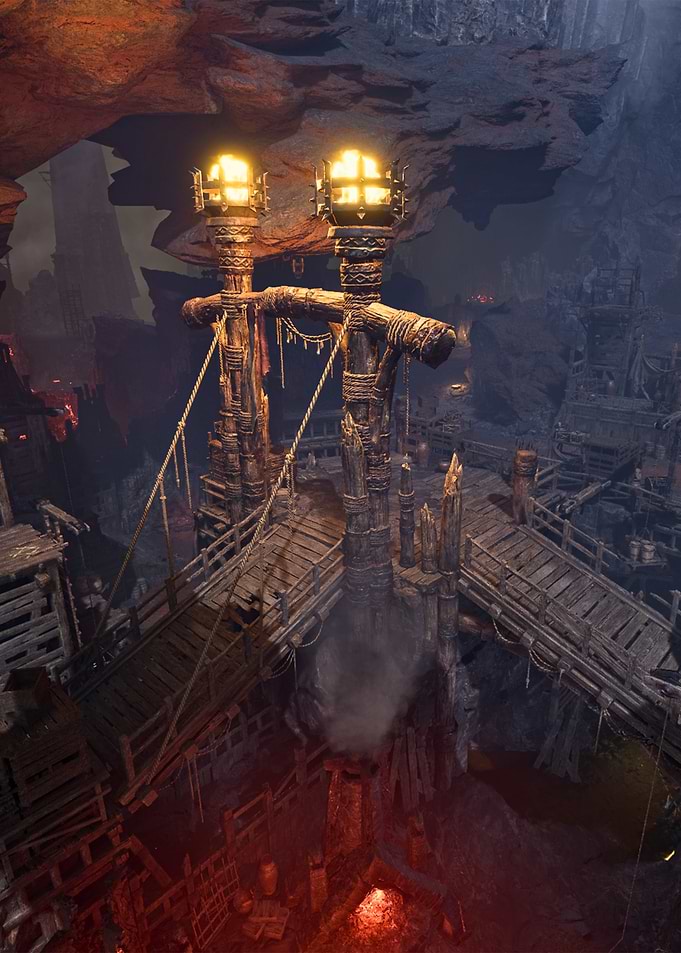 Fantasy Wooden Bridge in Dark Cave