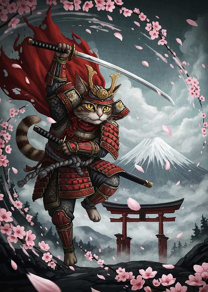 Samurai Cat Katana Cherry Blossoms
