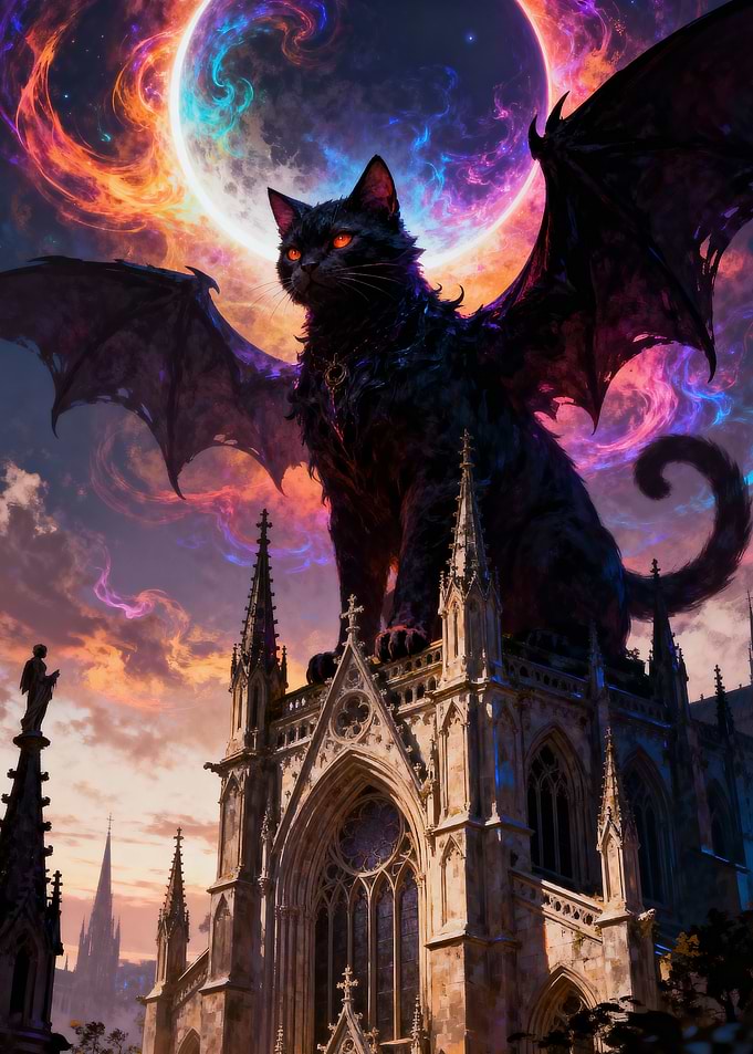 Winged Cat on Gothic Cathedral
