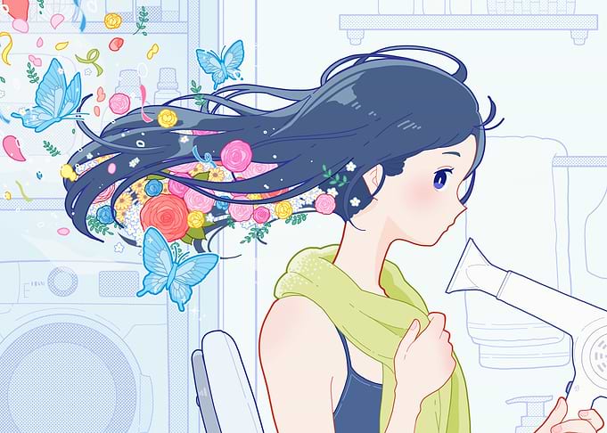 Girl with Floral Hair and Butterflies