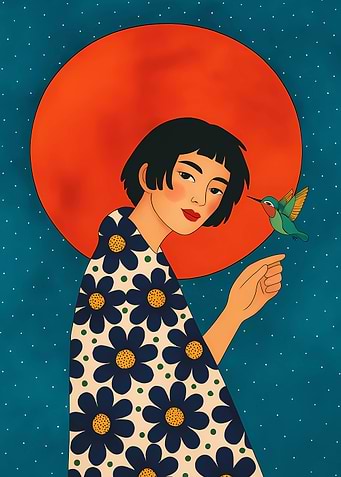 Woman, Hummingbird, and Red Moon Art