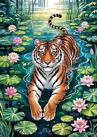 Tiger in Water Lily Pond