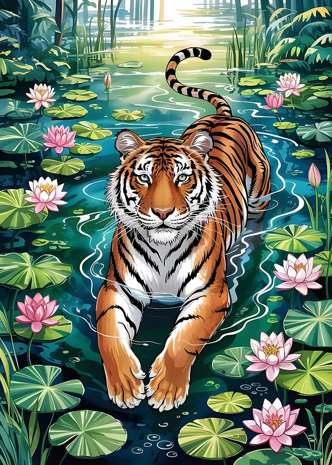 Tiger in Water Lily Pond