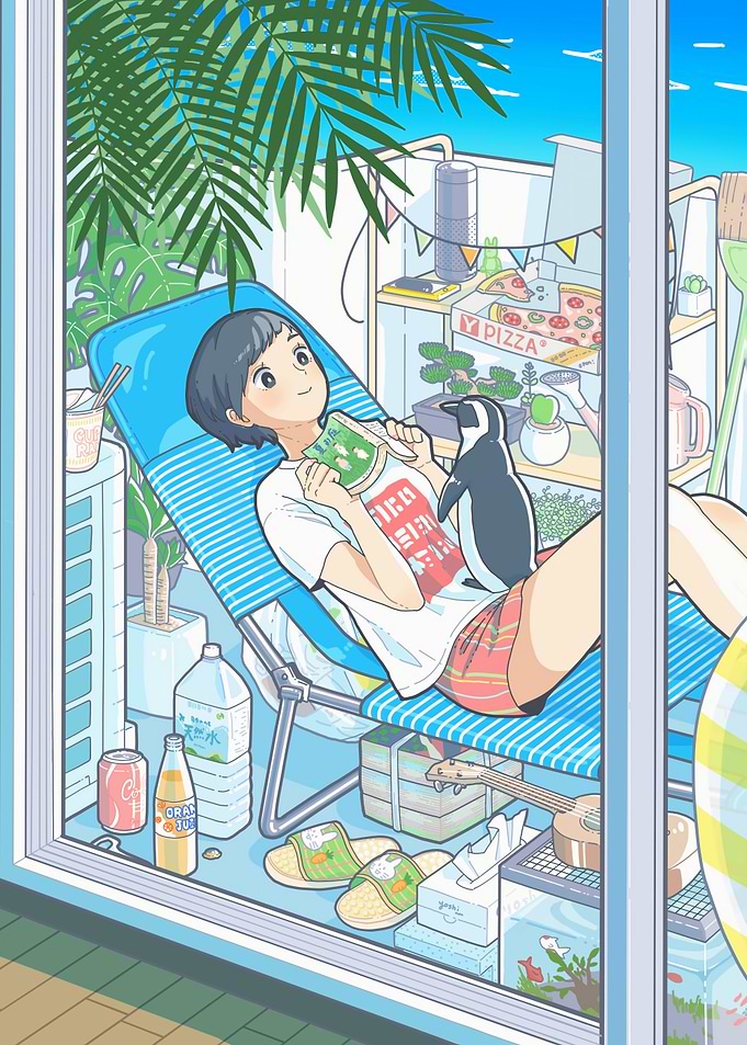 Relaxing Balcony Scene with Penguin