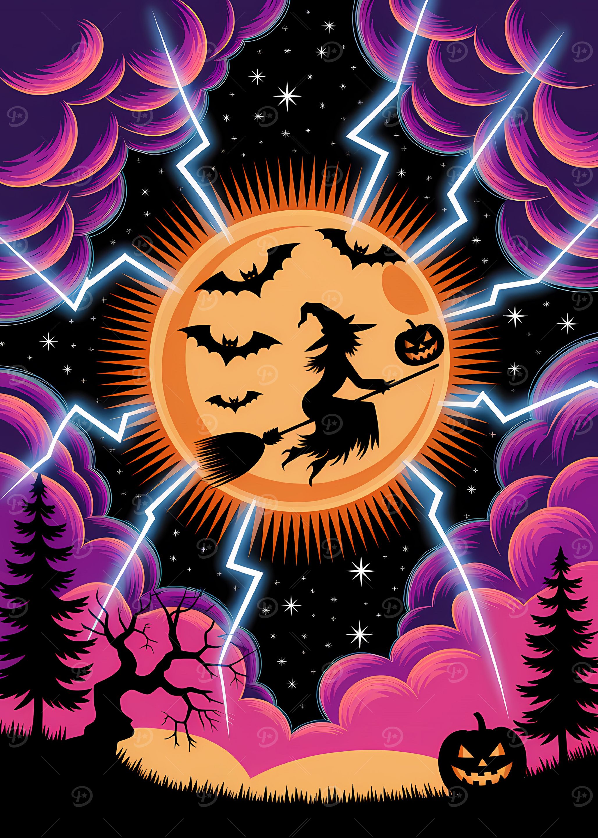 Halloween Night Witch and Bats
