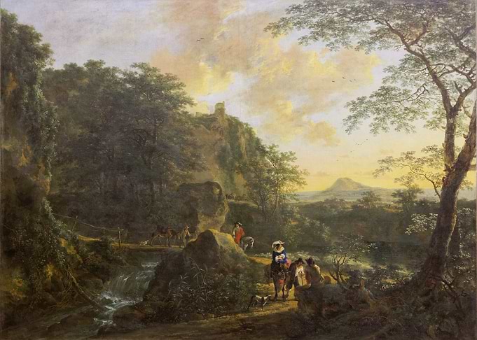 Landscape painting with figures and animals