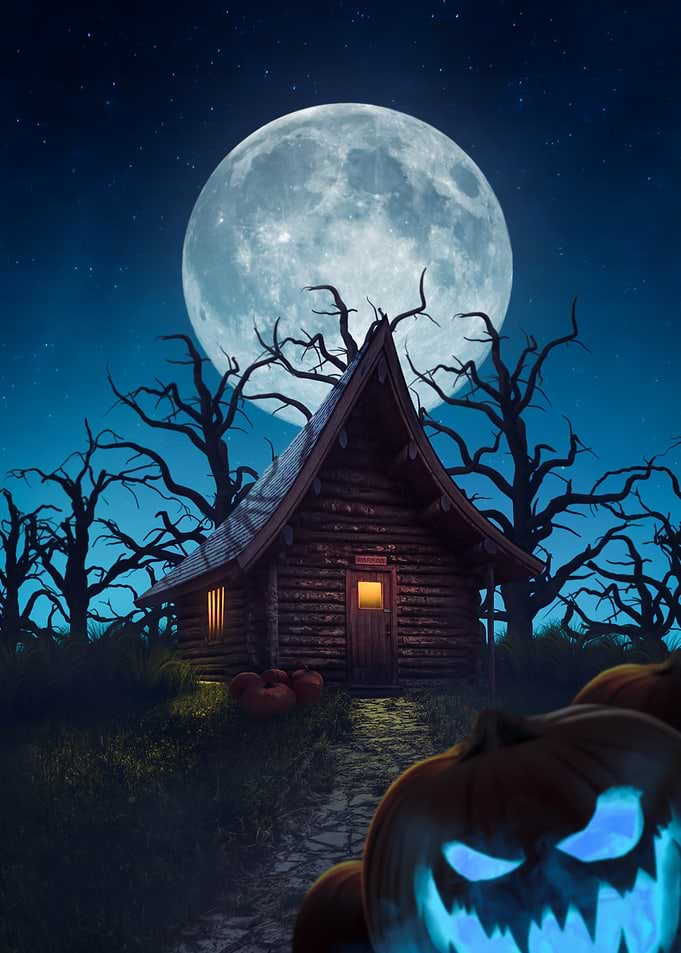 Halloween Night Cabin with Glowing Pumpkins