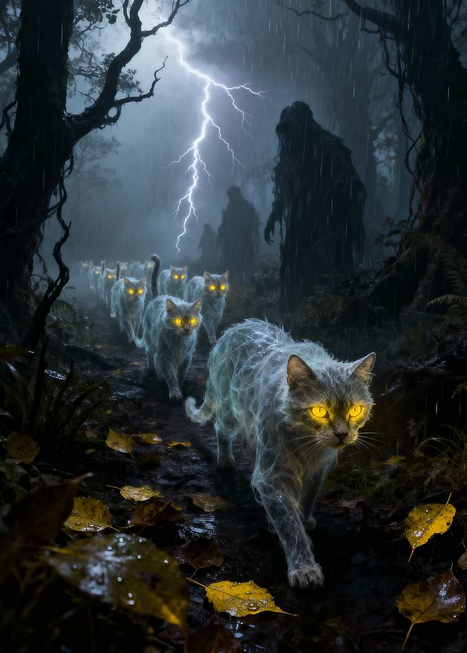Eerie Cat Procession in Stormy Forest