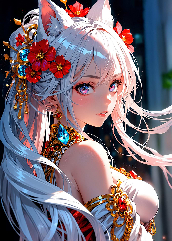 Anime Girl with Fox Ears and Flowers