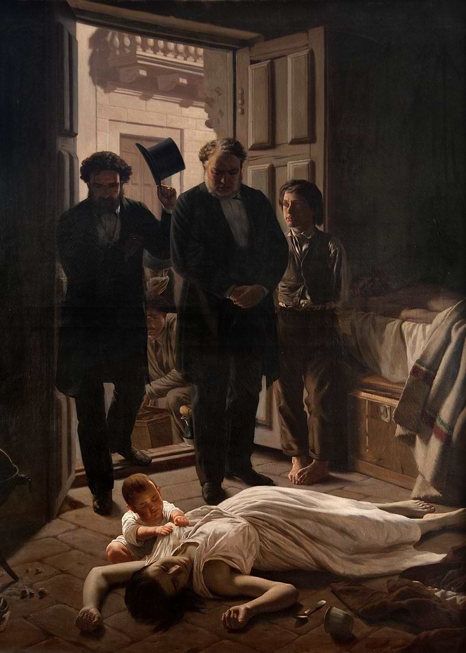 Disturbing Scene: Woman, Child, and Mourners