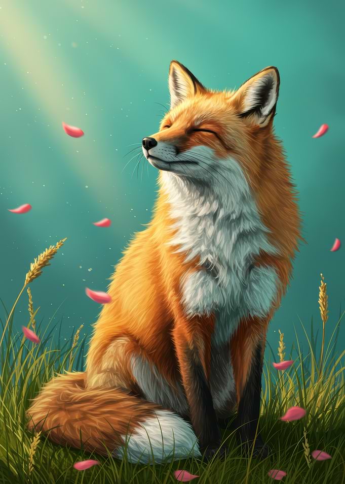 Fox in Meadow with Falling Petals