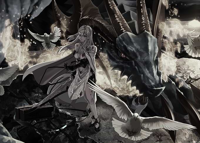Girl with Dragon and Doves