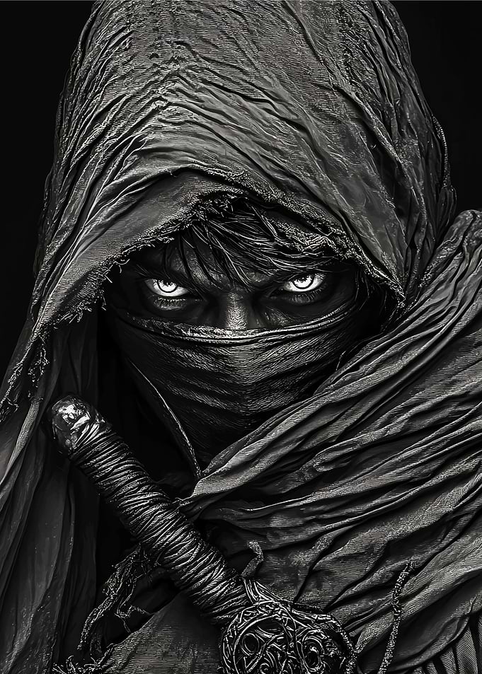 Mysterious hooded figure with glowing eyes