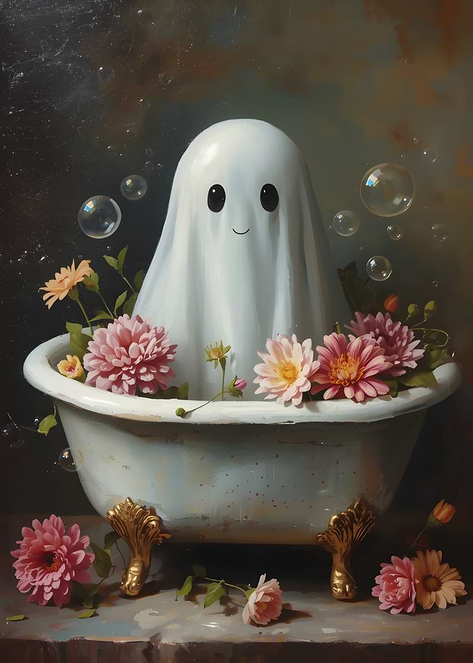 Cute Ghost in Bathtub with Flowers