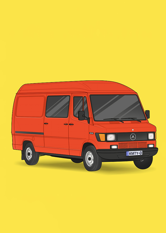 Red Mercedes Van on Yellow Background