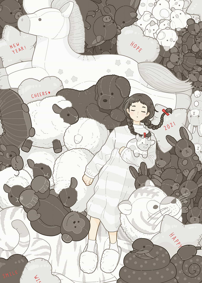 Girl Sleeping Surrounded by Stuffed Animals
