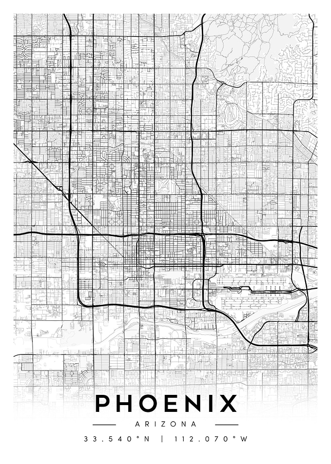 Phoenix Arizona City Map Black and White