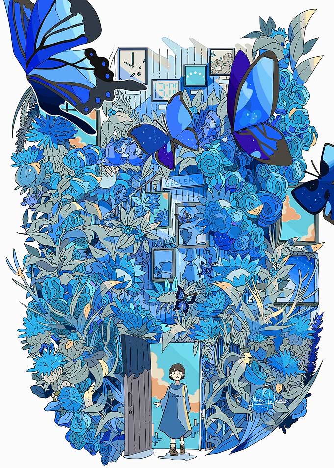 Blue Floral Doorway with Butterflies