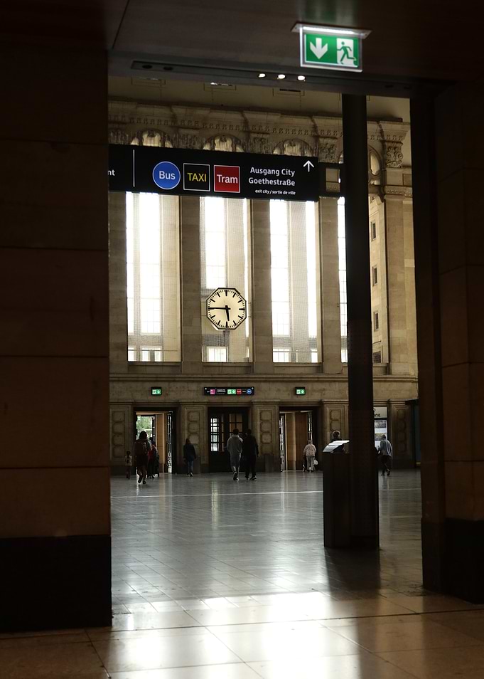 Train station interior with exit sign