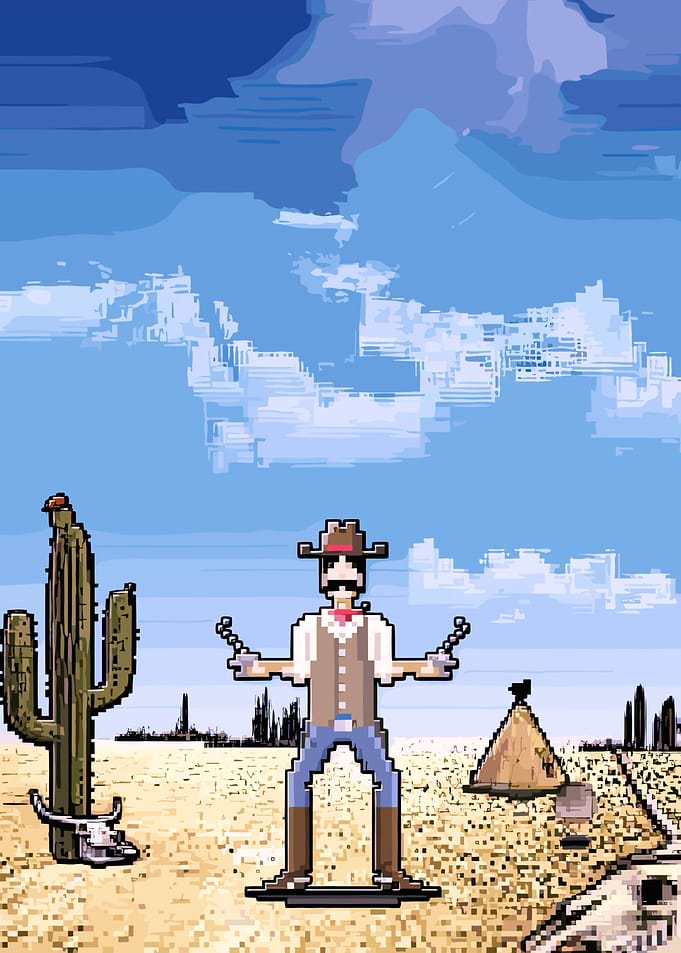Pixel Art Cowboy in Desert Landscape