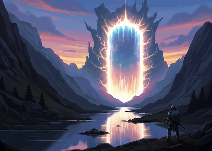 Fantasy Portal Landscape with Warrior