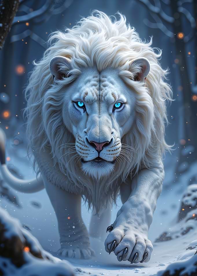 White Lion in Winter Forest
