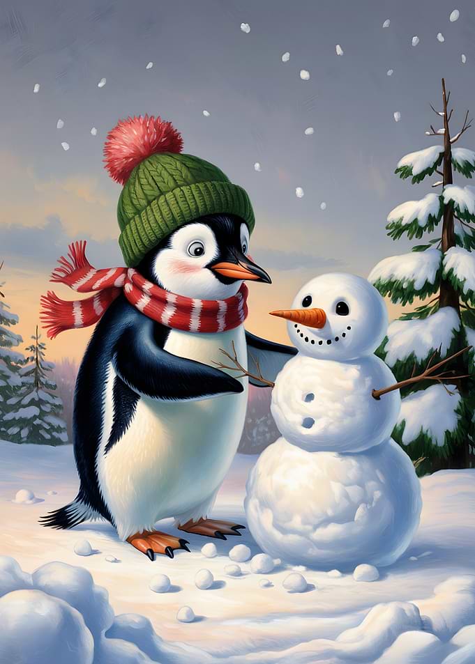 Penguin Building a Snowman
